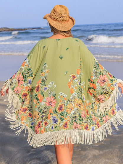 Vestido playero abierto con flecos en talla grande