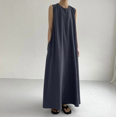 Long Loose Sleeveless  Cotton  Linen Dress-0