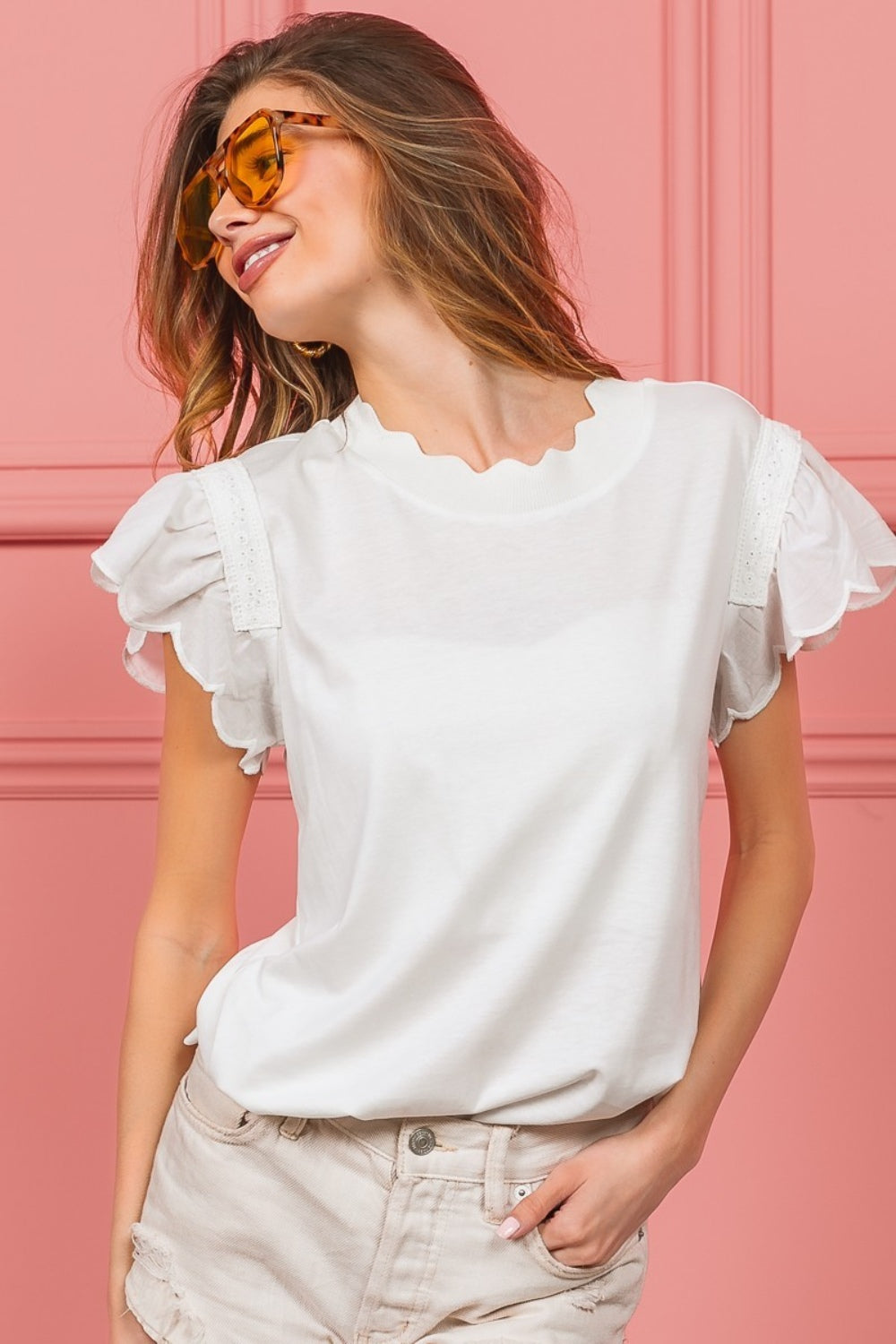 Blusa con ribete de encaje festoneado BiBi