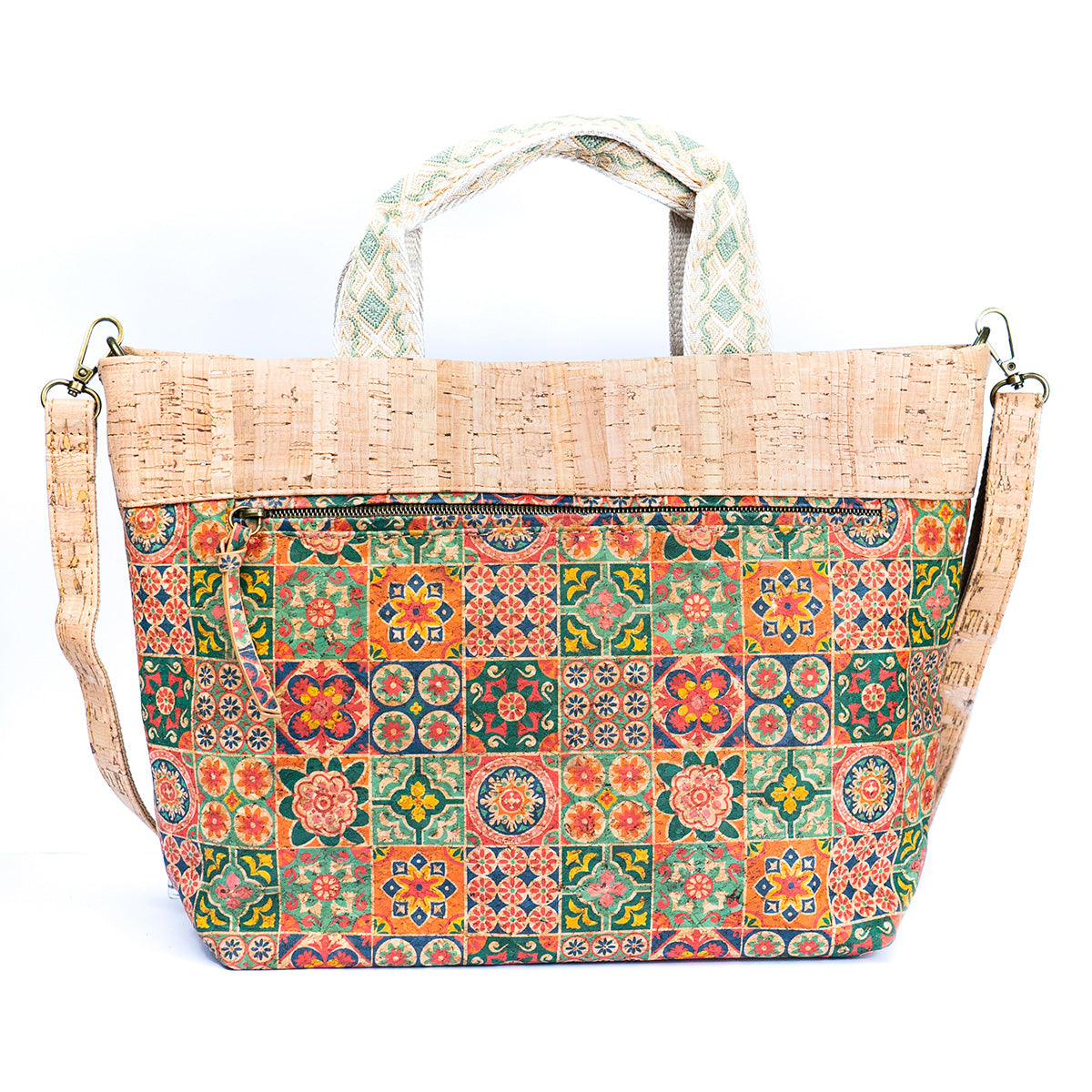 Natural Cork Tote with Printed Design and Cotton Woven Handles BAGF-087-7