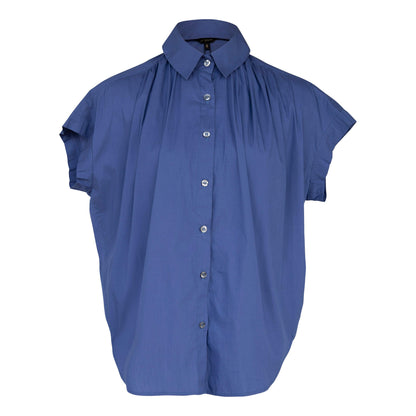 Camisa de mujer con cuello fruncido en azul marino