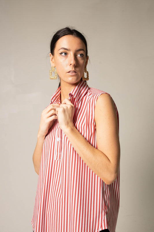 Italian Cotton Stripe Red Sleeveless Top