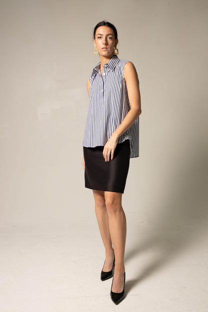 The Olivia Sleeveless Blue Stripe Blouse in Italian Cotton