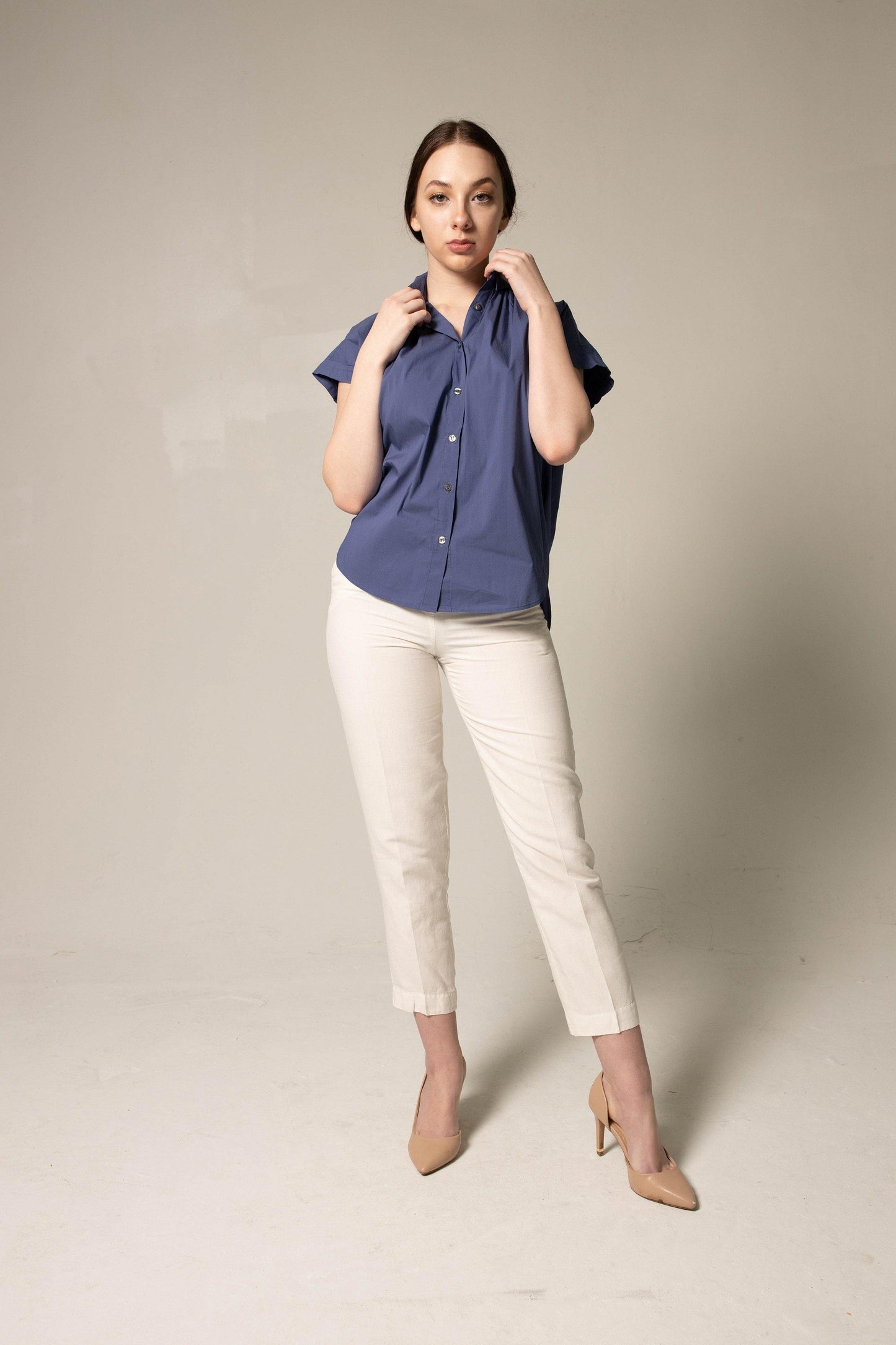 Women's Gather Collar Shirt in Navy