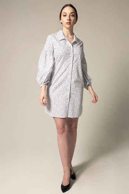 Shirt Dress with Oversized Sleeves in White Floral