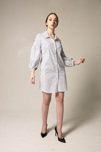 Shirt Dress with Oversized Sleeves in White Floral