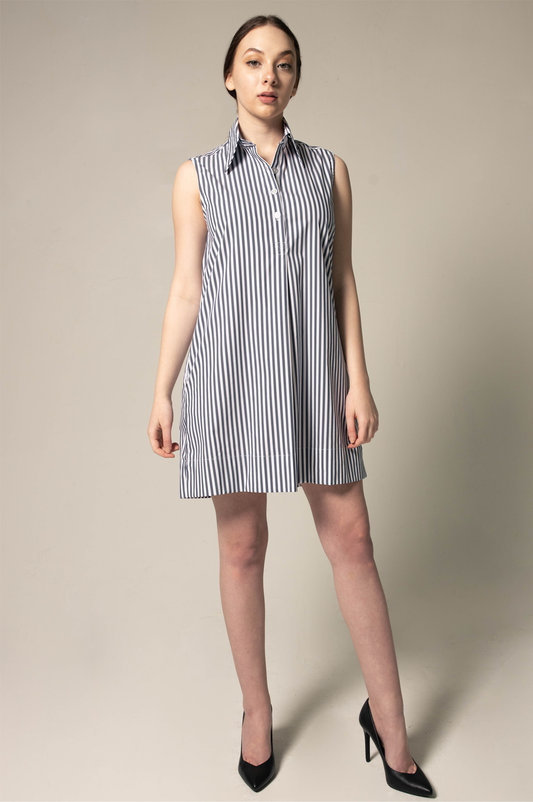 Italian Cotton Blue Stripe Sleeveless Dress