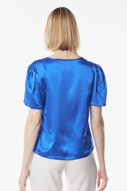 Blusa con escote en V brillante en color azul