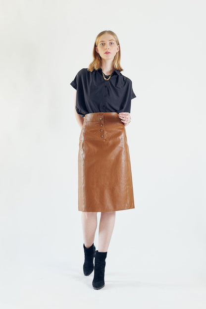 Glossy Brown Vegan Leather Pencil Skirt