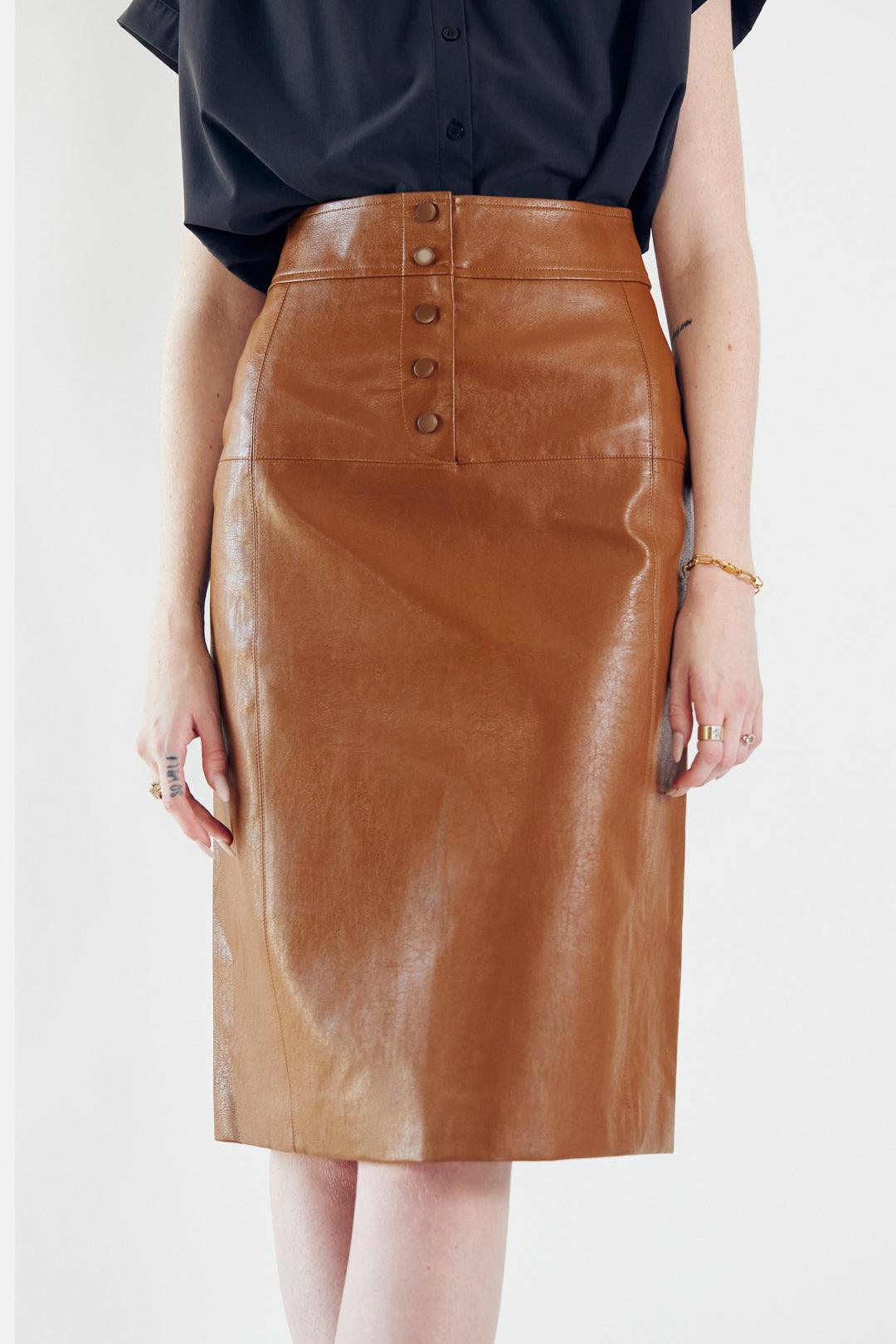 Glossy Brown Vegan Leather Pencil Skirt