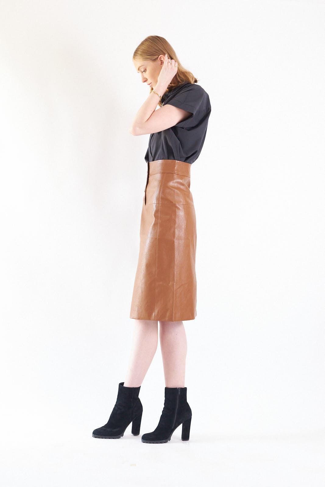 Glossy Brown Vegan Leather Pencil Skirt