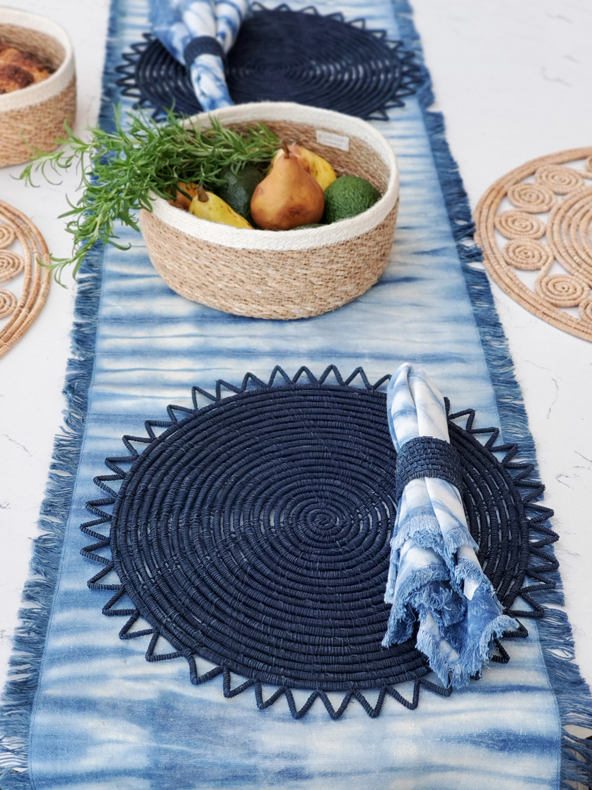 Tie Dye Cotton Table Runner - Indigo Blue-3