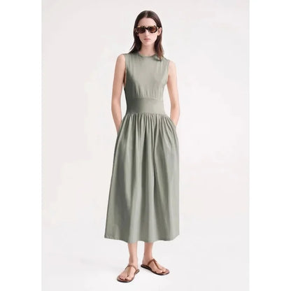 Sage Green Organic Cotton Dress with Pleated Pockets