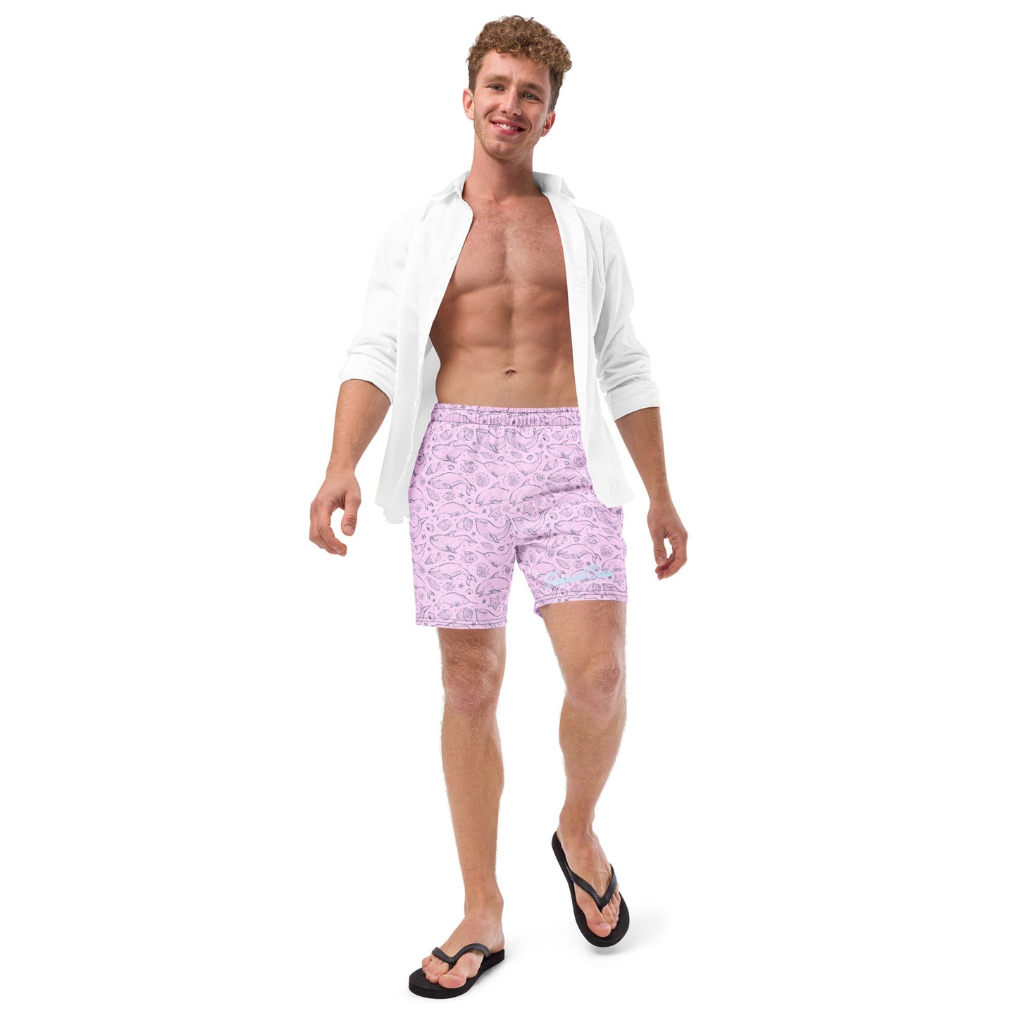 TROPICAL SEAS CLOTHING Men's Eco Pink Whale Pod Swim Trunks