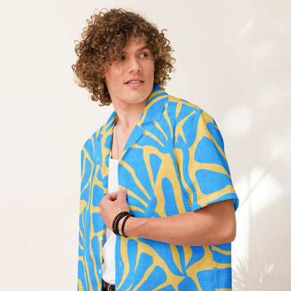 Camisa de campamento con estampado floral antiguo azul y dorado para hombre