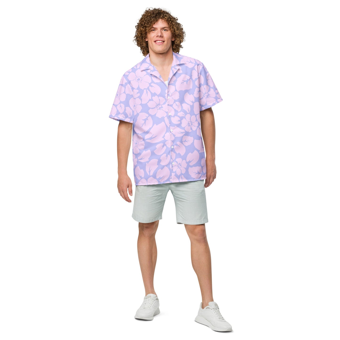 Camisa hawaiana con botones y puesta de sol en la jungla tropical morada