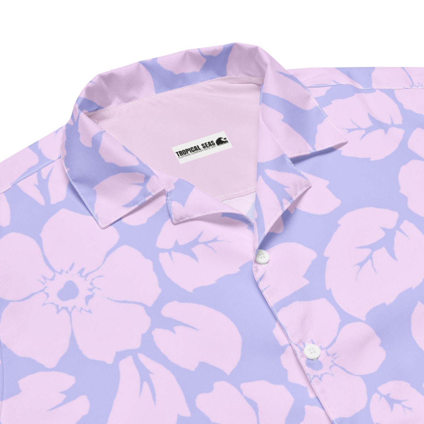 Camisa hawaiana con botones y puesta de sol en la jungla tropical morada