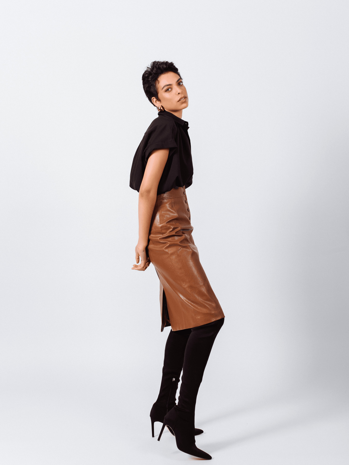 Glossy Brown Vegan Leather Pencil Skirt