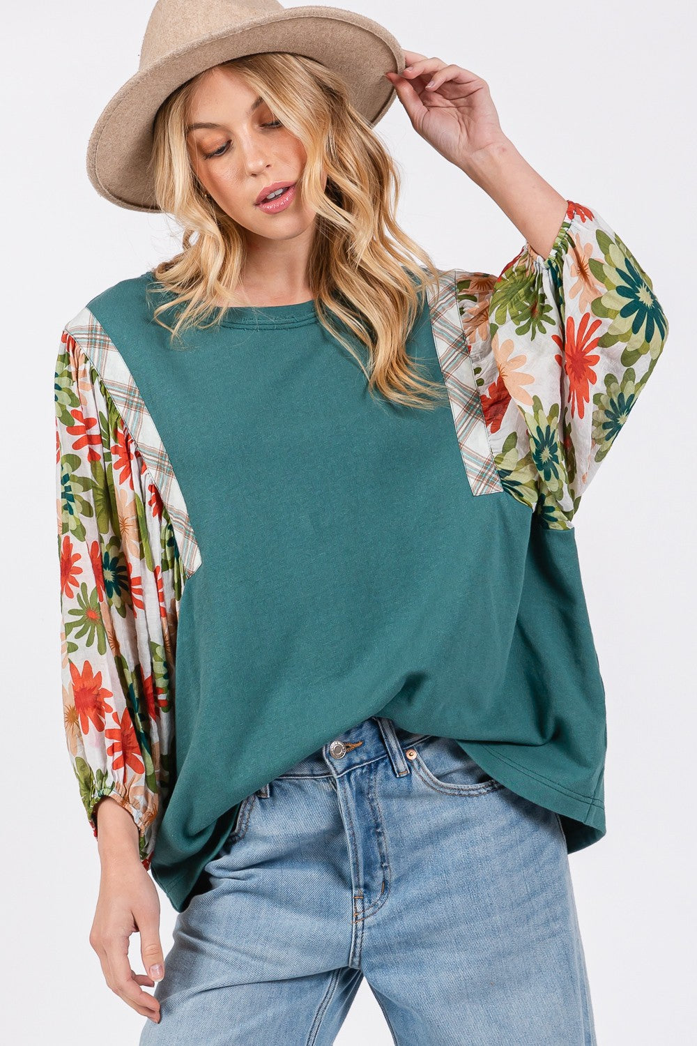 SAGE + FIG Full Size Printed Balloon Sleeve Contrast Top