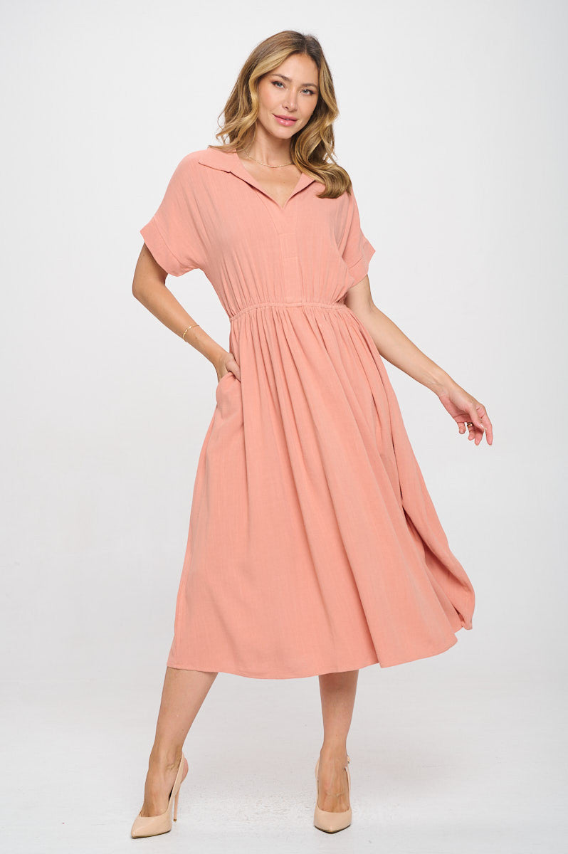 Linen Solid Collared V neck Dress with Pockets-2