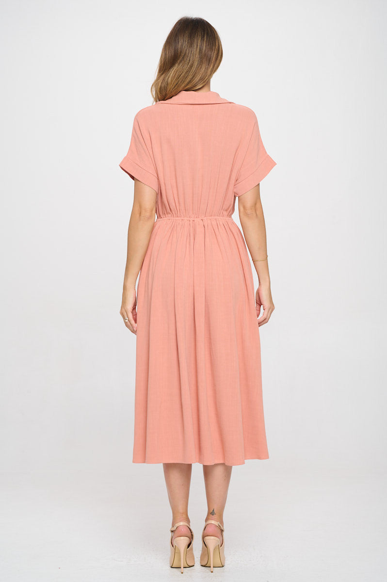 Linen Solid Collared V neck Dress with Pockets-4