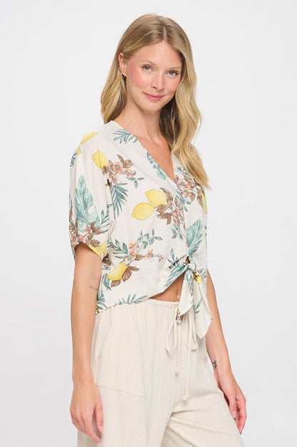 Linen Floral Print V neck Top with Front Tie-2