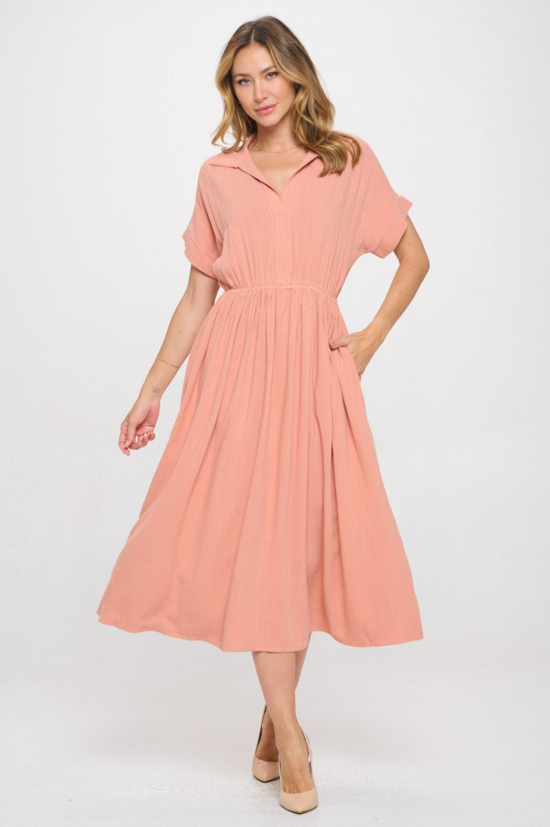 Linen Solid Collared V neck Dress with Pockets-1