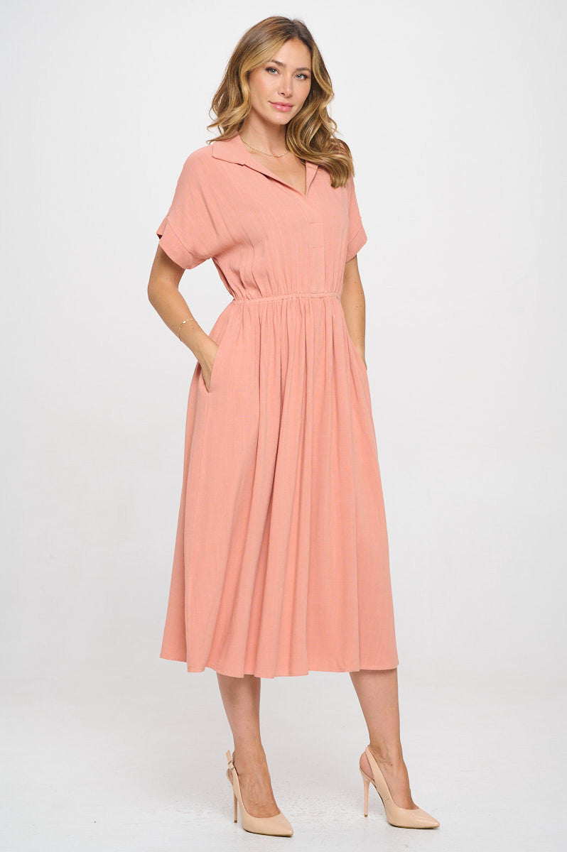 Linen Solid Collared V neck Dress with Pockets-3