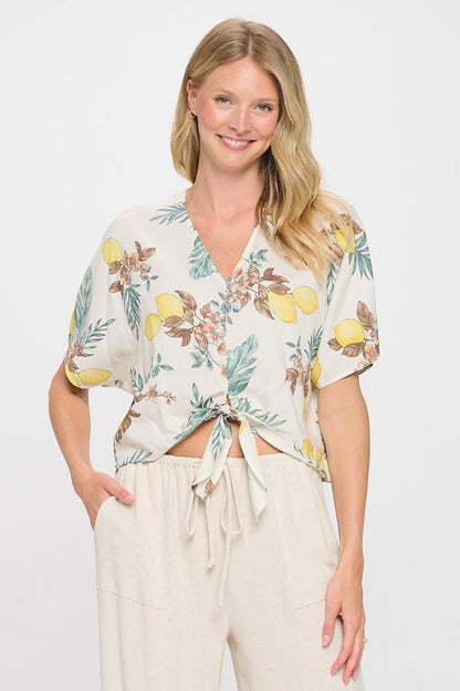 Linen Floral Print V neck Top with Front Tie-1