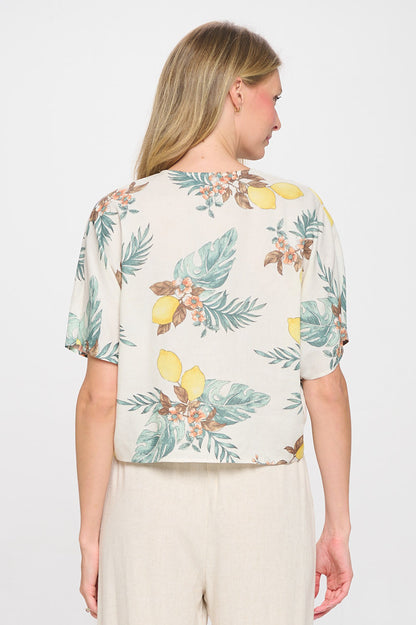 Linen Floral Print V neck Top with Front Tie-3