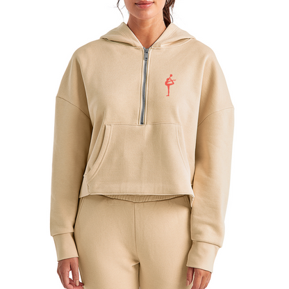 Women's Half Zip Cropped Hoodie - nude