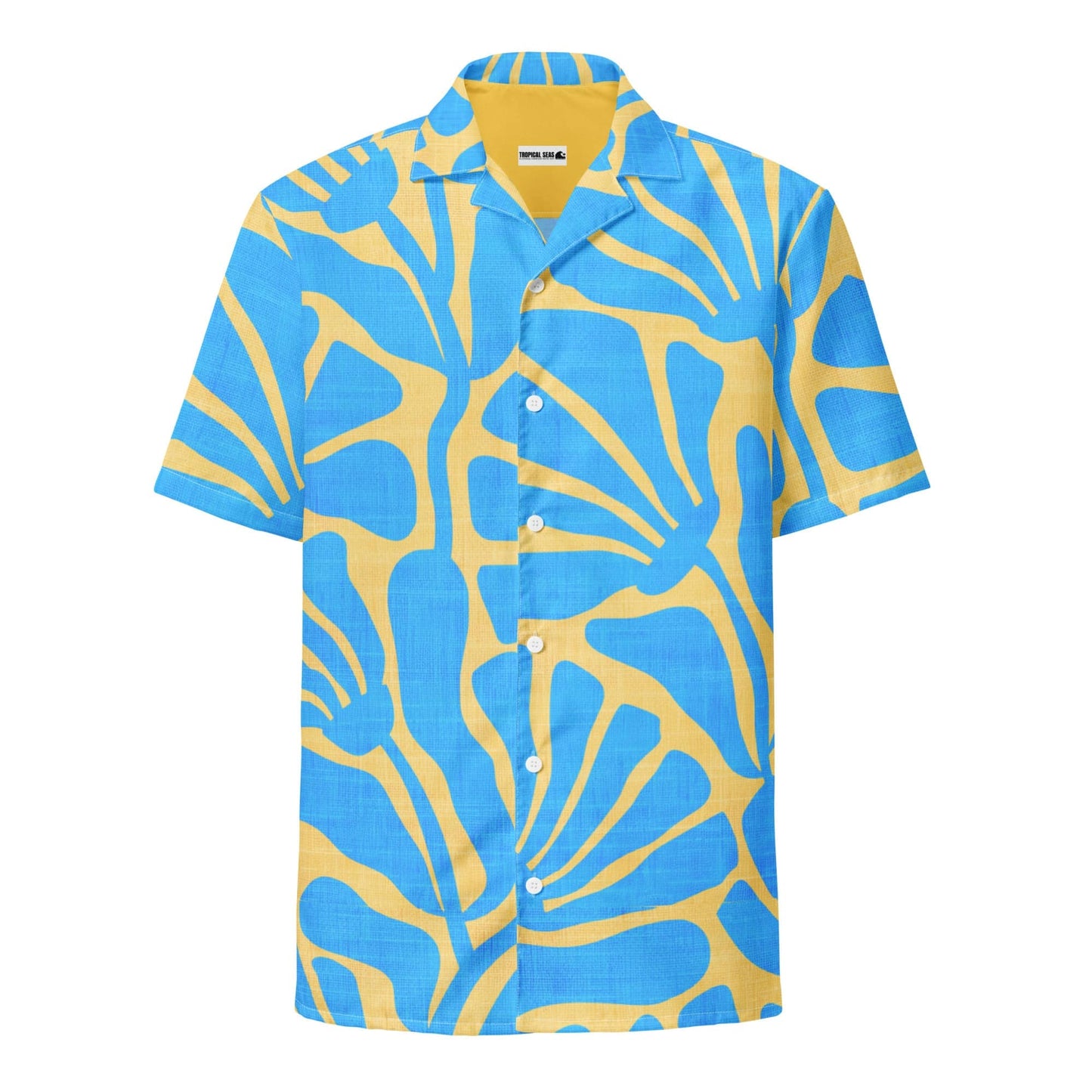 Camisa de campamento con estampado floral antiguo azul y dorado para hombre