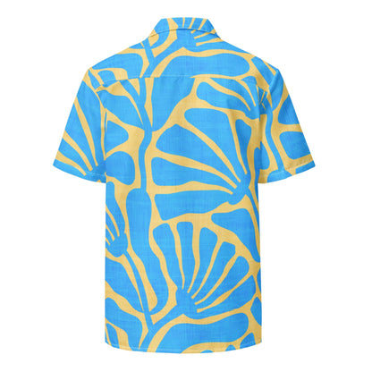 Camisa de campamento con estampado floral antiguo azul y dorado para hombre