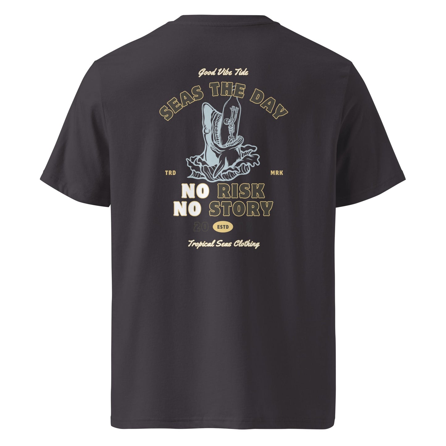 ROPA MARES TROPICALES No hay riesgo, no hay historia Seas the Day - Camiseta de algodón orgánico con tiburón